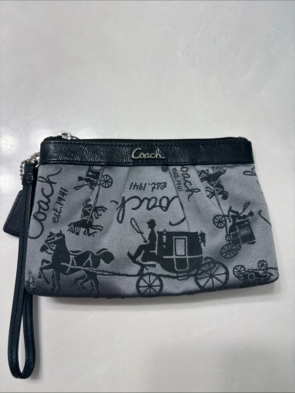 Coach Gray & Black Signature Carriage Wristlet with Leather Trim